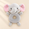 Pebble Grey rattle friend: grey elephant with pink ears and grey striped ring body.