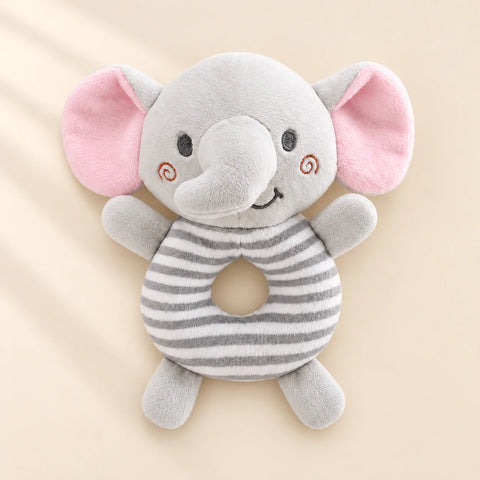 Pebble Grey rattle friend: grey elephant with pink ears and grey striped ring body.