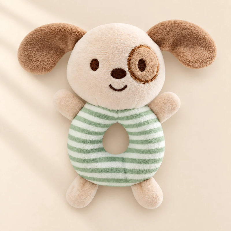 Dusty Rose rattle friend: brown dog with sage striped ring body.