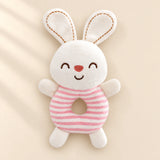 Pink Cloud Plush rattle friend: white bunny with pink striped ring body.
