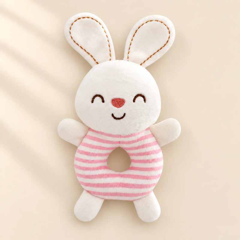 Pink Cloud Plush rattle friend: white bunny with pink striped ring body.