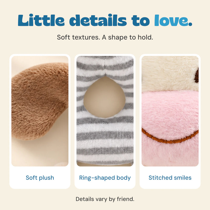 Close views of soft plush fabric, the ring-shaped body and a stitched smile on rattle friends.