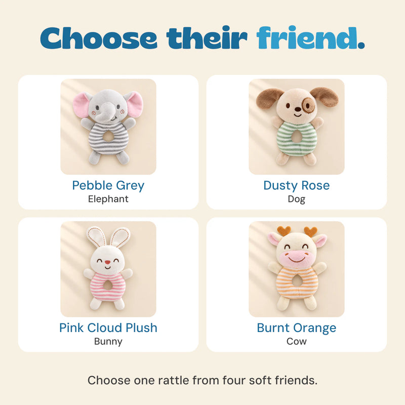 Four available rattle friends: Pebble Grey elephant, Dusty Rose dog, Pink Cloud Plush bunny and Burnt Orange cow. Choose one rattle.