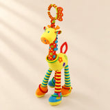 Yellow giraffe rattle with patterned red neck, striped legs, coloured rings and an orange and lime hanging loop.