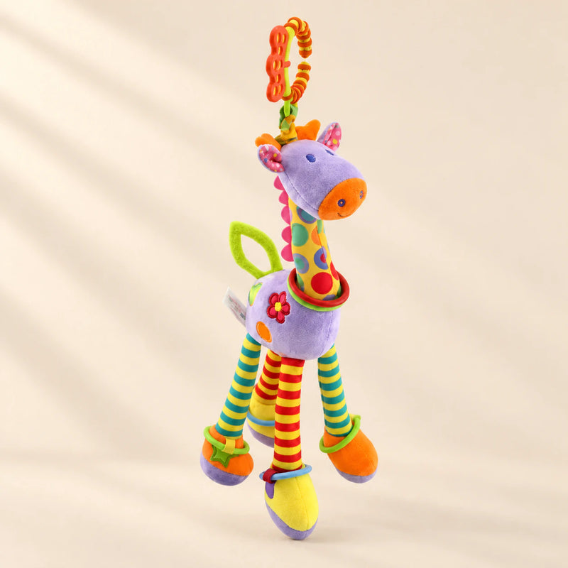 Purple giraffe rattle with patterned yellow neck, striped legs, coloured rings and an orange and lime hanging loop.