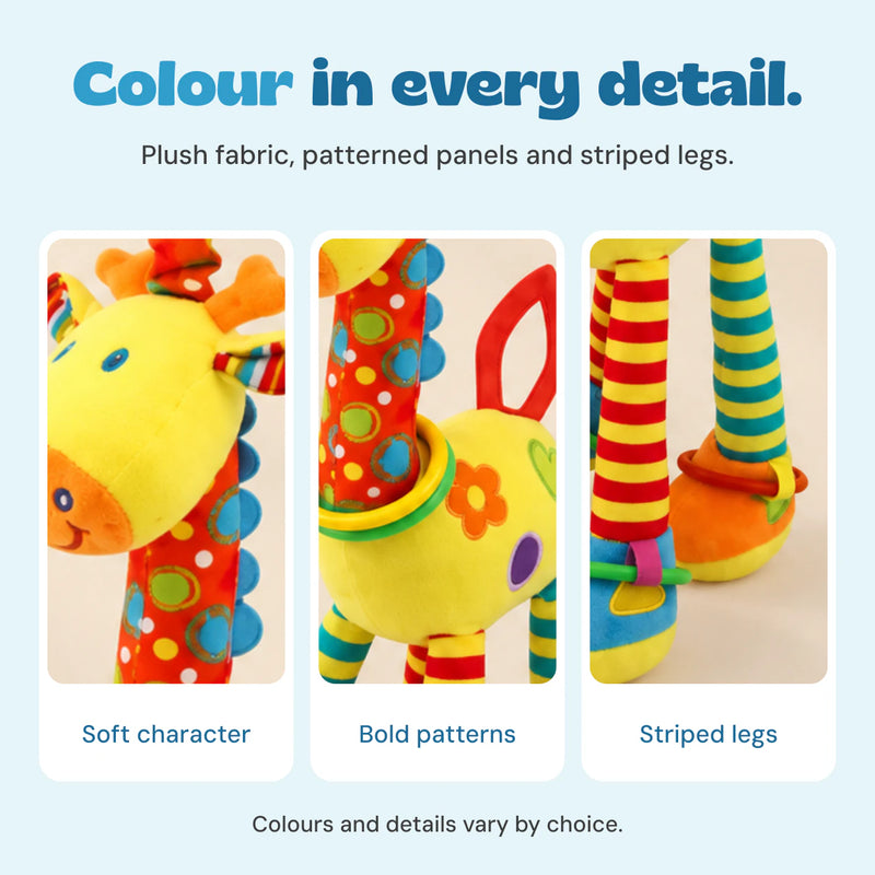 Close views of the giraffe plush face, patterned neck and striped legs.