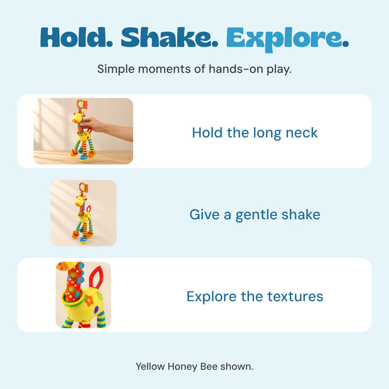Three simple ways to explore the giraffe: hold the long neck, give a gentle shake and feel its textures.