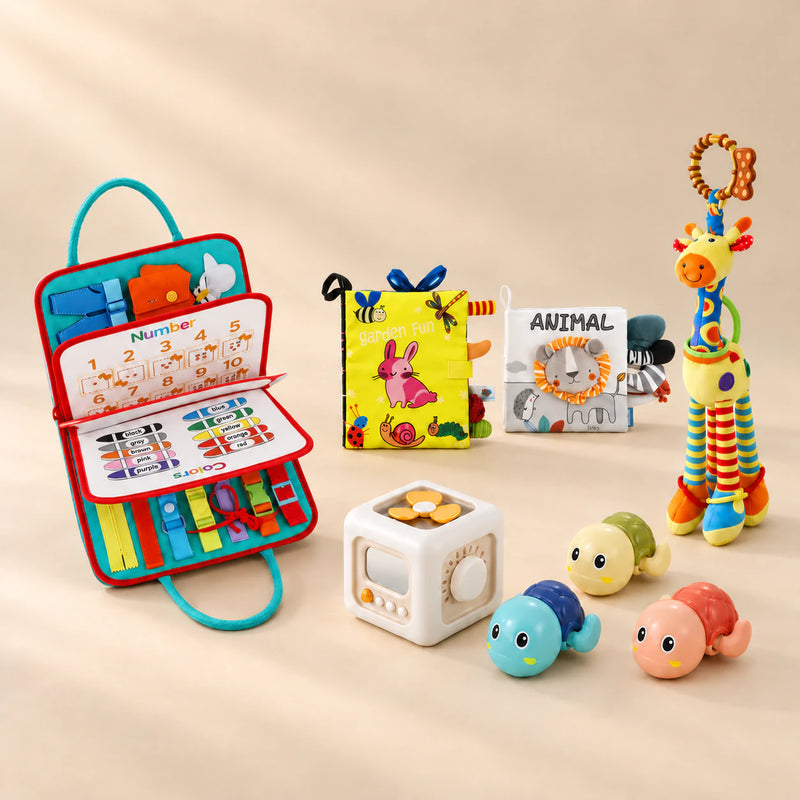 No-Screen Starter Kit Bundle with Rocket Green Plus busy board, two sensory books, busy cube, giraffe rattle and three turtle toys on a warm beige studio surface.