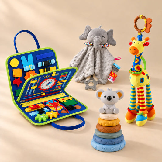 Calm and Focus Bundle with a dinosaur blue busy board, grey elephant comforter, giraffe rattle and six-ring koala stacking tower on a warm beige studio floor.