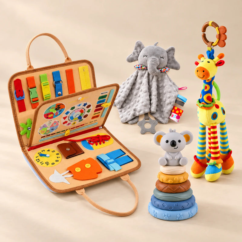 Calm and Focus Bundle with an orange animal busy board, grey elephant comforter, giraffe rattle and six-ring koala stacking tower on a warm beige studio floor.