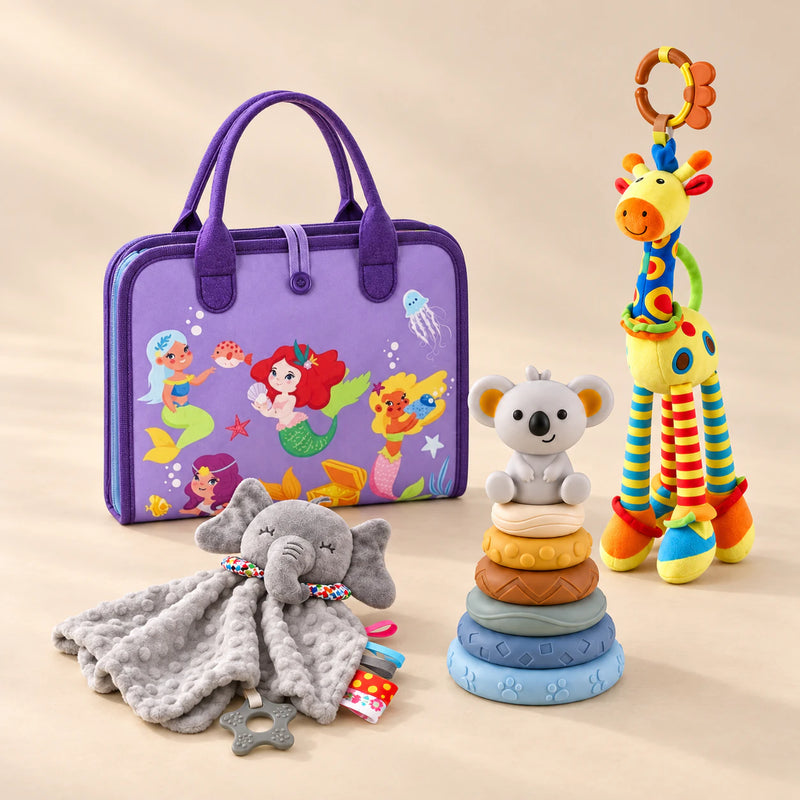 Calm and Focus Bundle with a closed purple mermaid busy board, elephant comforter, giraffe rattle and six-ring koala stacker on a beige studio surface.