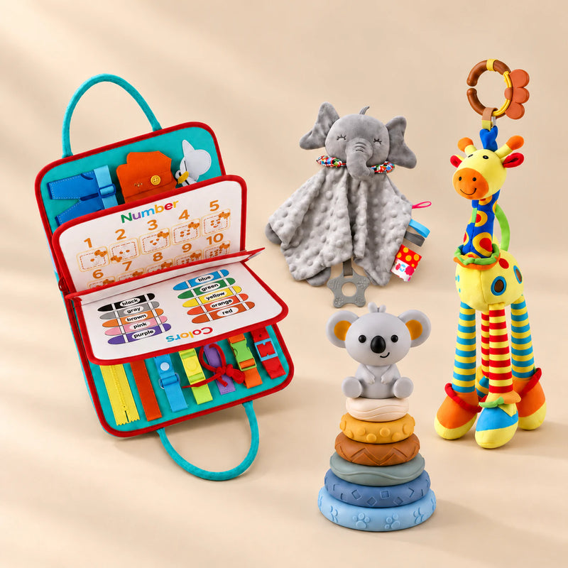 Calm and Focus Bundle with its included toys arranged on a warm beige studio floor.