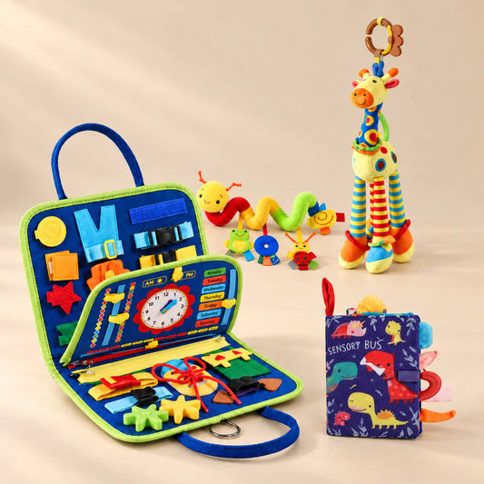 Sensory Explorer Bundle with its included toys arranged on a warm beige studio floor.