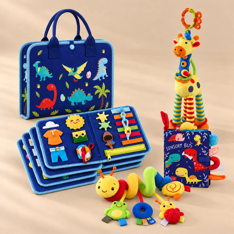 Dinosaur Blue Plus busy board with four stacked activity folios, dinosaur sensory book, giraffe rattle and spiral toy on a warm beige studio floor.