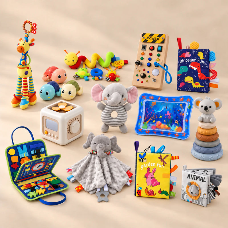 Dinosaur Blue Ultimate Play Bundle with its sensory books, activity toys, blanket, turtles and water mat arranged on a warm beige studio surface
