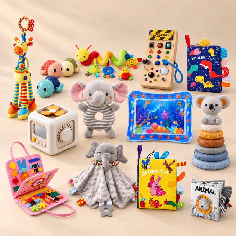Mermaid Pink Ultimate Play Bundle with its sensory books, activity toys, blanket, turtles and water mat arranged on a warm beige studio surface