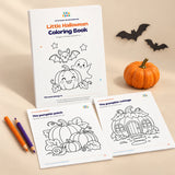 Little Halloween Coloring Book cover with two printable page previews, a small pumpkin and colouring pencils on a warm beige studio surface.