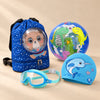 Holiday Summer Bundle, Blue colour choice, with backpack, goggles, swim cap and beach ball on a warm beige studio surface.