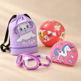 Holiday Summer Bundle, Purple colour choice, with backpack, goggles, swim cap and beach ball on a warm beige studio surface.