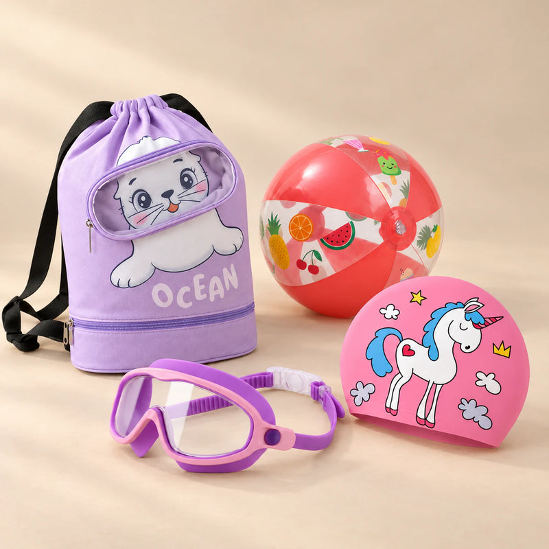 Holiday Summer Bundle, Purple colour choice, with backpack, goggles, swim cap and beach ball on a warm beige studio surface.