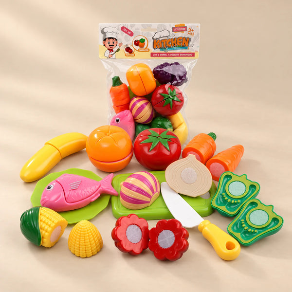 TibaToes Little Chef Cutting Play Set photographed with its matching design and colours on a warm beige studio surface.