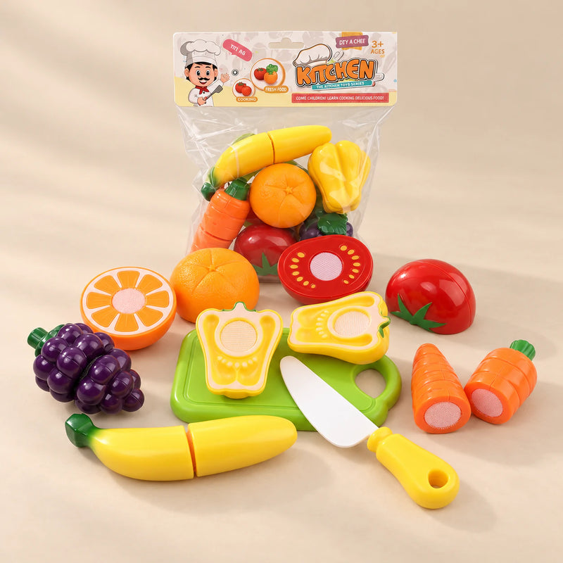 TibaToes Little Chef Cutting Play Set photographed with its matching design and colours on a warm beige studio surface.