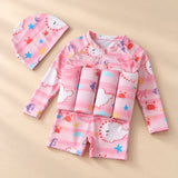 TibaToes™ FloatPal Kids Buoyancy Swimsuit photographed with its matching design and colours on a warm beige studio surface.