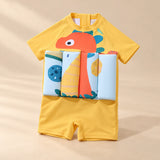 TibaToes™ FloatPal Kids Buoyancy Swimsuit photographed with its matching design and colours on a warm beige studio surface.