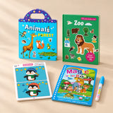Quiet Car Kit with Animals Forest sticker book, Zoo book, penguin difference cards and Magic Water Book with pen, arranged on a beige studio surface.