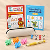 Little Writer Bundle with pen control and number workbooks, cream pencil pouch, four grips, four animal clips and a yellow pencil on a beige studio surface.