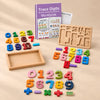 Numbers and Counting Bundle with wooden counting blocks, colourful stacking numbers, magnetic numbers and Trace Digits workbook on a beige studio floor.