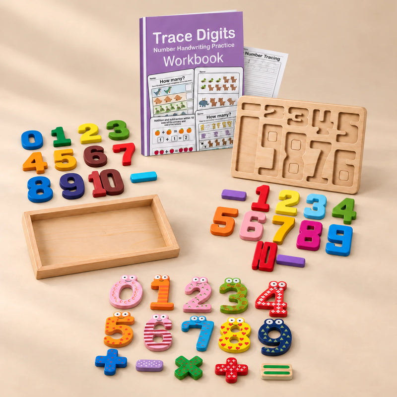Numbers and Counting Bundle with wooden counting blocks, colourful stacking numbers, magnetic numbers and Trace Digits workbook on a beige studio floor.