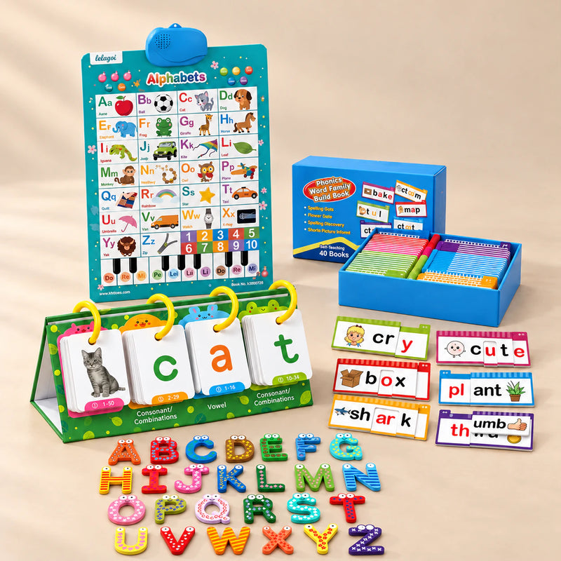 Reading Readiness Bundle with an electronic alphabet chart, cat CVC flip book, word family books and twenty-six wooden alphabet letters on a beige studio surface.