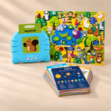 Teacher's Pick Bundle with a blue talking flashcard reader showing a squirrel, felt zoo activity board and learning poster stack on a warm beige studio floor.
