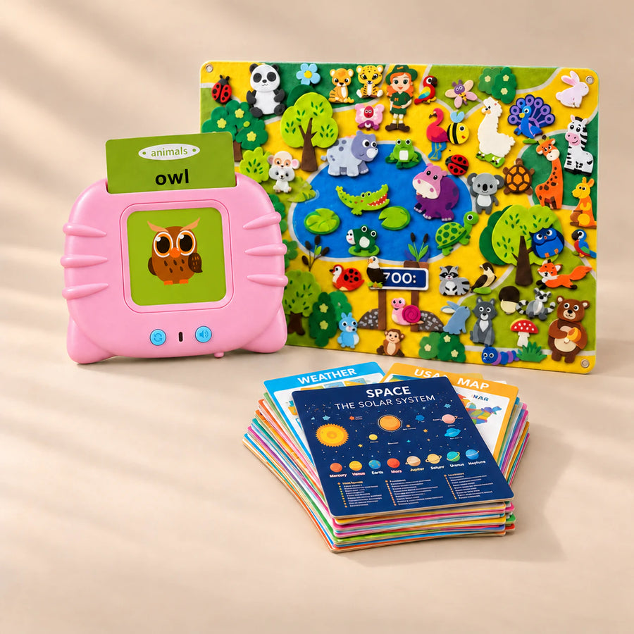 Teacher's Pick Bundle with a pink talking flashcard reader showing a owl, felt zoo activity board and learning poster stack on a warm beige studio floor.