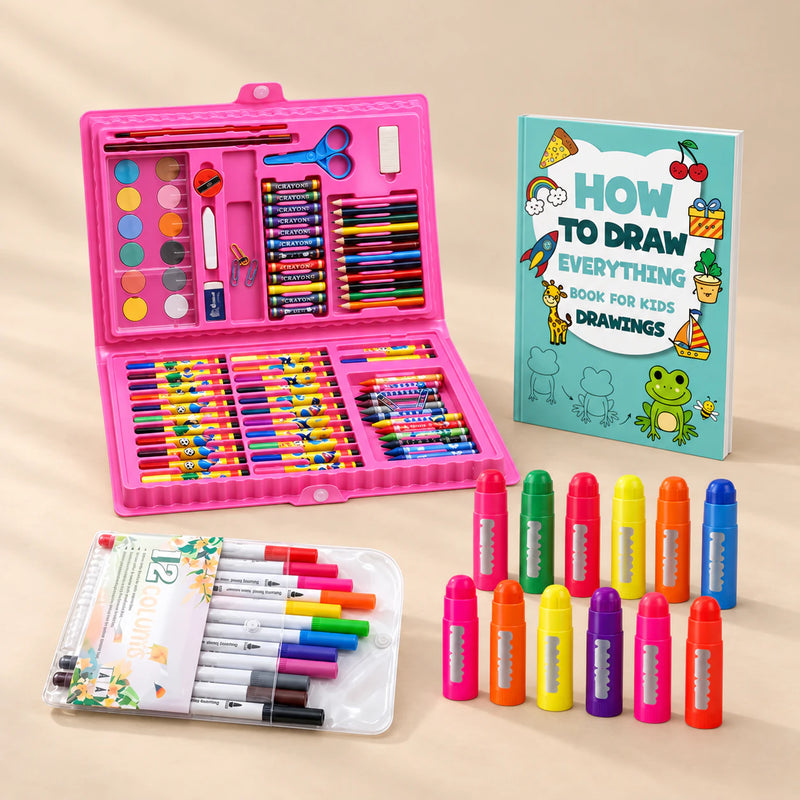 Creative Kickstart Bundle with an open pink art case, twelve paint sticks, a marker pouch and the frog drawing workbook.