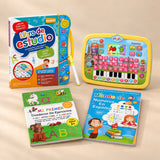 Bilingual Head Start Bundle with Spanish learning tablet and three activity books on a warm beige studio surface