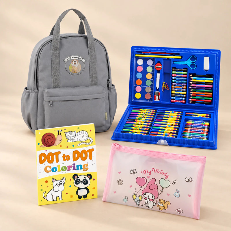 First Backpack Bundle with a grey bear-patch backpack, blue art case, pink Melody pouch and yellow animal dot-to-dot book.