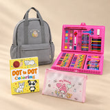 First Backpack Bundle with a grey bear-patch backpack, pink art case, pink Melody pouch and yellow animal dot-to-dot book.