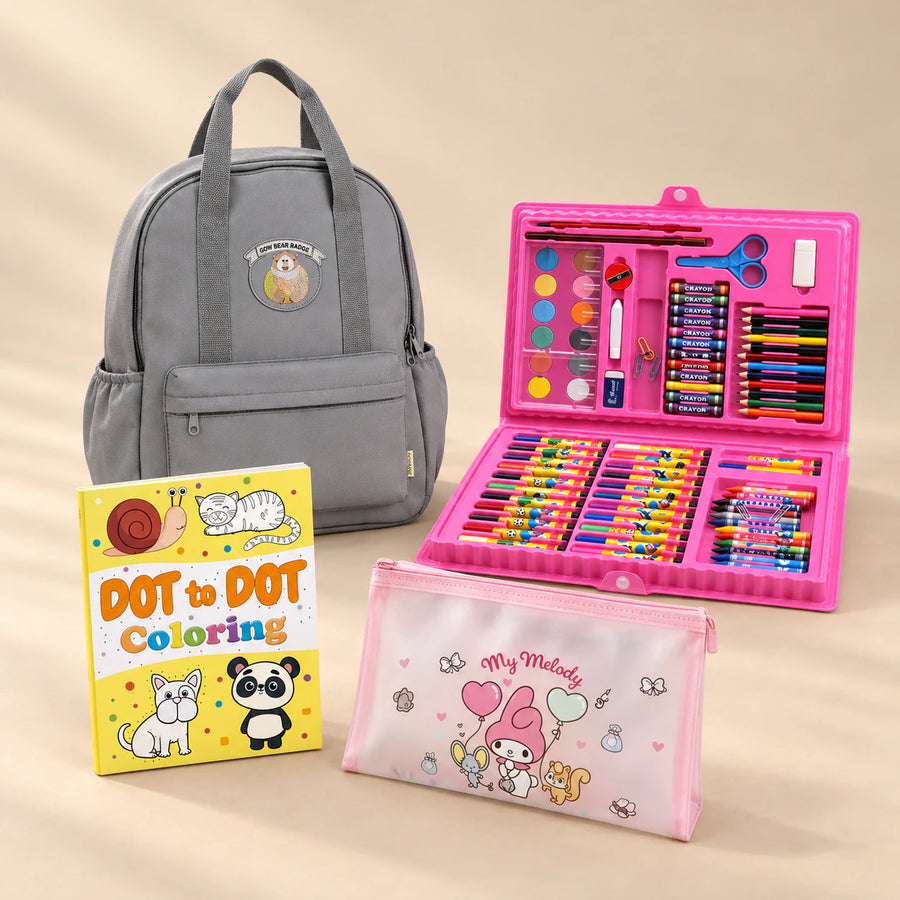 First Backpack Bundle with a grey bear-patch backpack, pink art case, pink Melody pouch and yellow animal dot-to-dot book.