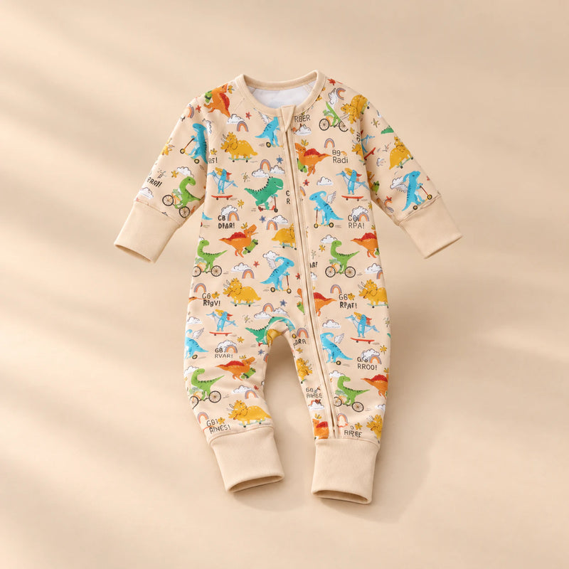 Soft Zip Baby Romper, showing its actual design with soft shadows on a seamless warm beige studio surface.