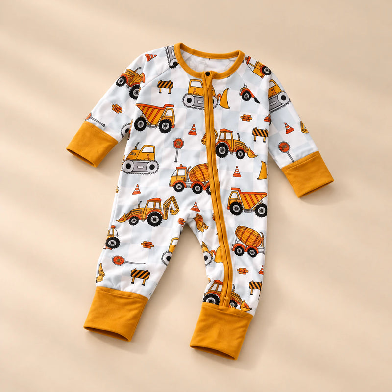 Soft Zip Baby Romper, showing its actual design with soft shadows on a seamless warm beige studio surface.