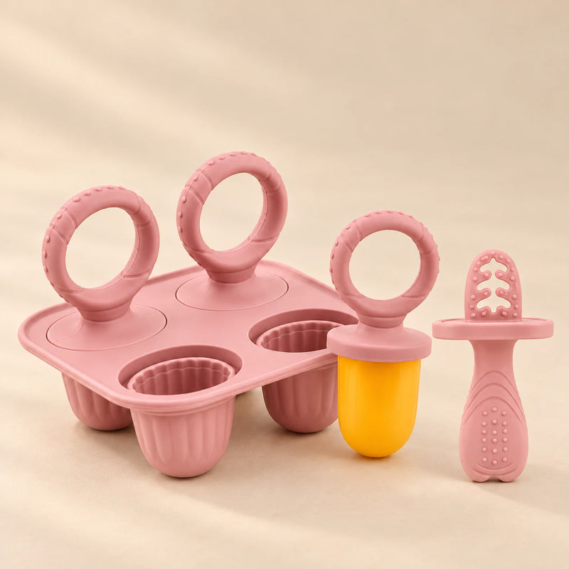 Little Bites Silicone Feeder & Teether Set on a warm beige studio background in Dusty Rose Set