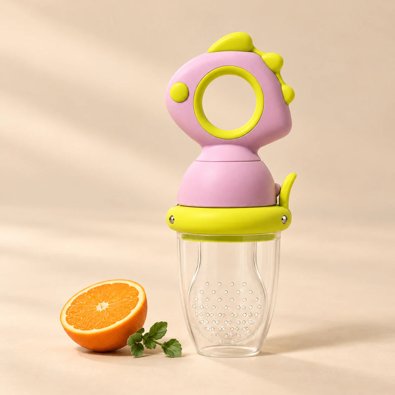 Dino Fresh Food Feeder on a warm beige studio background in Sunny Yellow Dino