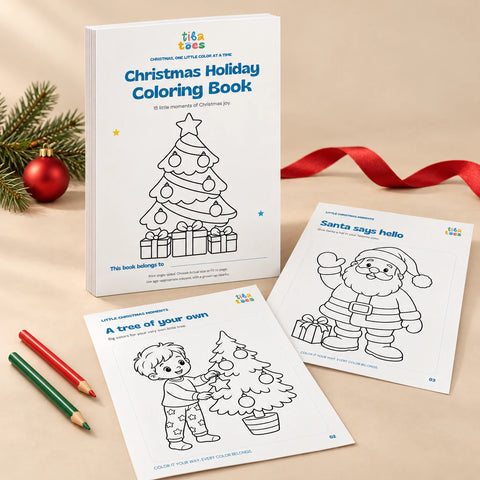 Christmas Holiday Coloring Book cover from the selected PDF with tree and Santa page previews, red ribbon and small festive accents on a beige studio surface.
