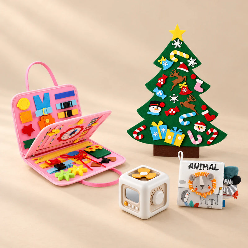 TibaToes™ Christmas Wonder Play Bundle with Mermaid Pink products arranged on a warm beige studio surface.