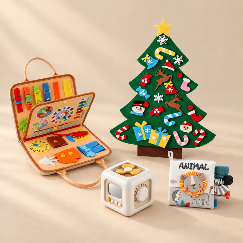 TibaToes™ Christmas Wonder Play Bundle with Animal Orange products arranged on a warm beige studio surface.