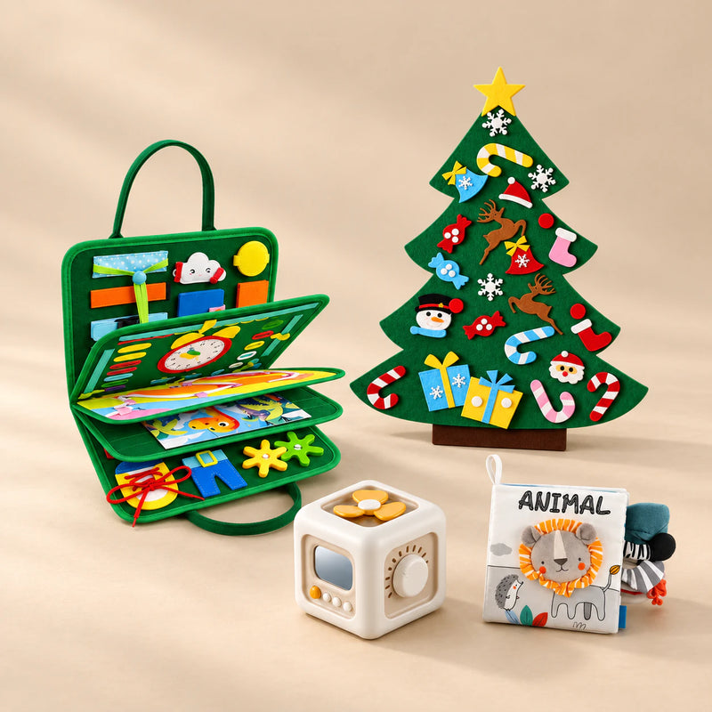 TibaToes™ Christmas Wonder Play Bundle with Rocket Green Plus, Dino Green Plus products arranged on a warm beige studio surface.