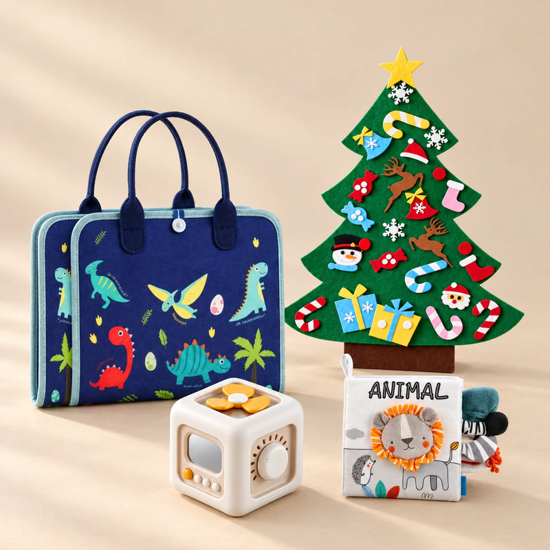 TibaToes™ Christmas Wonder Play Bundle with Dinosaur Blue Plus products arranged on a warm beige studio surface.