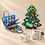 Christmas Wonder Play Bundle with the Vehicle Blue Plus busy board, arranged on a warm beige studio surface.